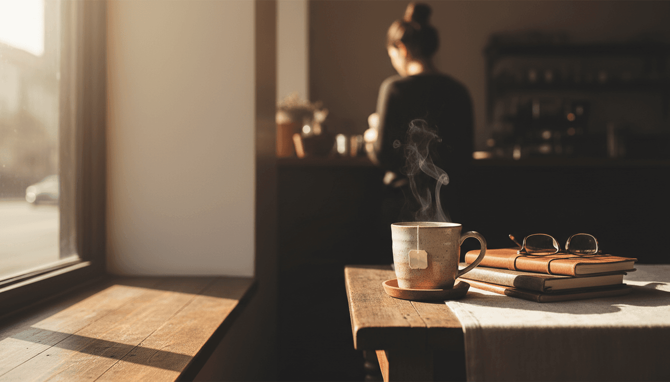 A quiet coffee shop corner with morning light and a steaming cup